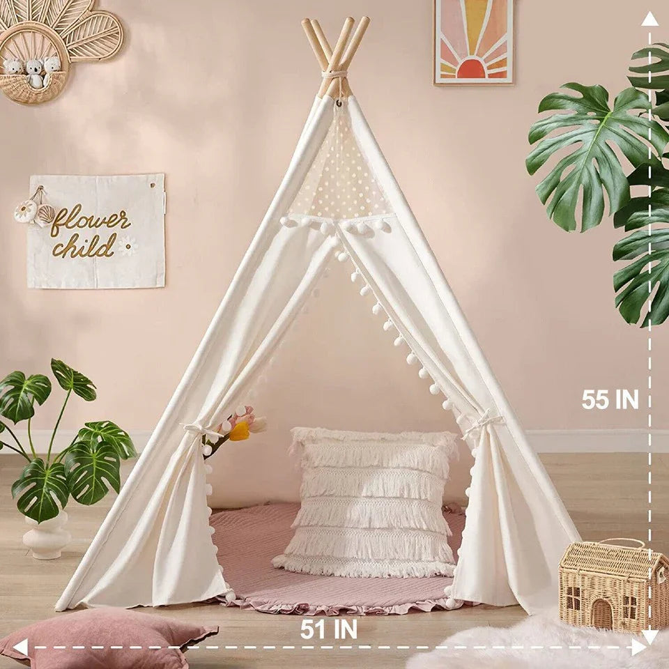 Xxl Kids Play Teepee Tent Indoor Boho Tent Foldable Tipi With Window/Pompom/Mat
