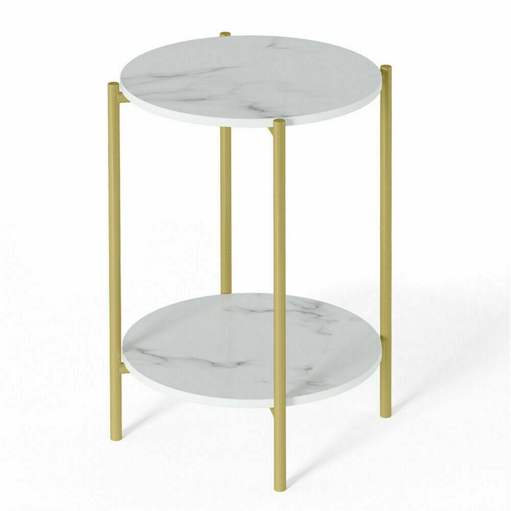 Marble Sofa Side End Table/Coffee Table with Shelf & Gold Iron Legs
