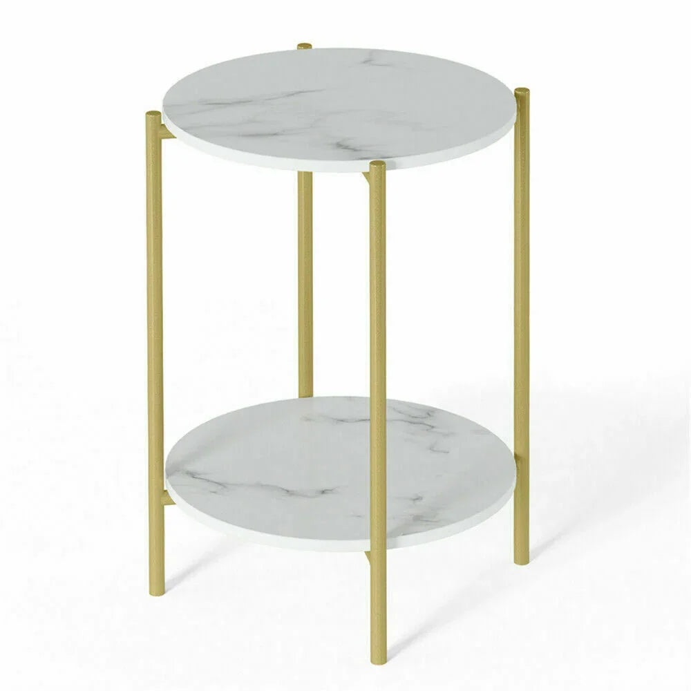 Marble Sofa Side End Table/Coffee Table with Shelf & Gold Iron Legs