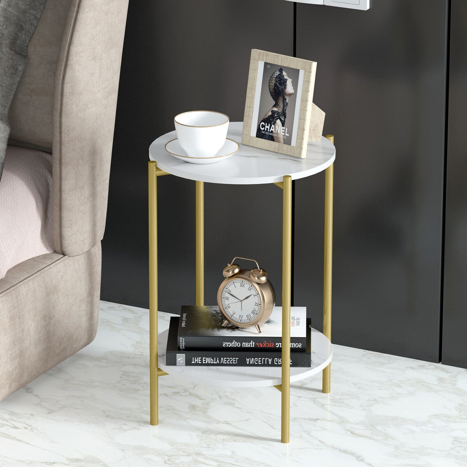 Marble Sofa Side End Table/Coffee Table with Shelf & Gold Iron Legs