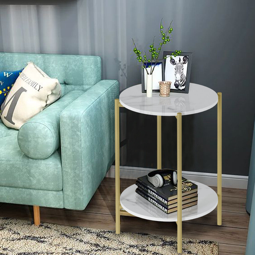 Marble Sofa Side End Table/Coffee Table with Shelf & Gold Iron Legs