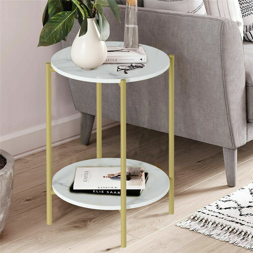 Marble Sofa Side End Table/Coffee Table with Shelf & Gold Iron Legs