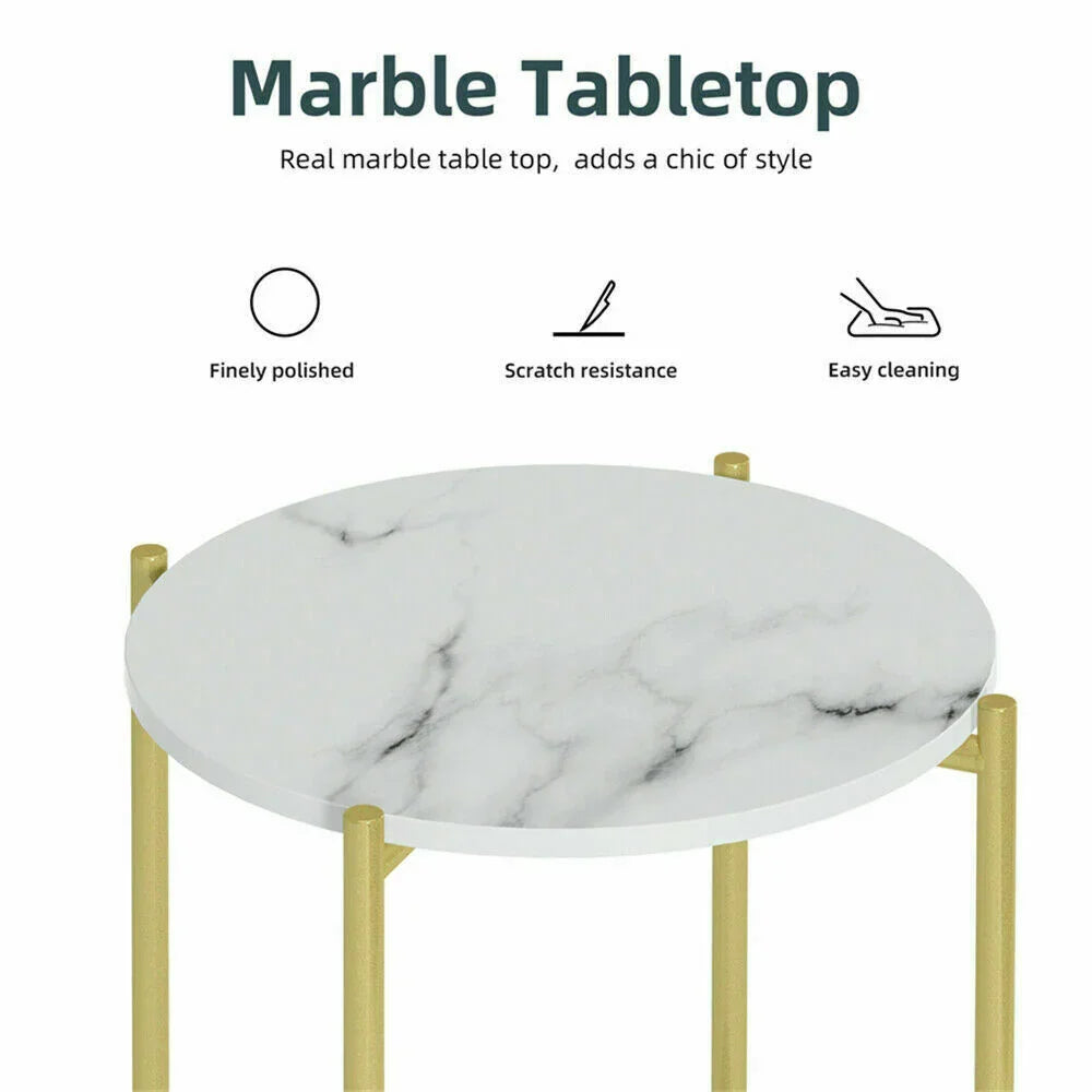 Marble Sofa Side End Table/Coffee Table with Shelf & Gold Iron Legs