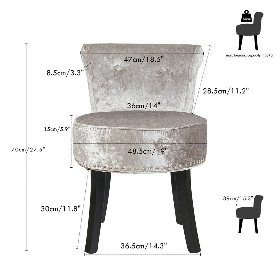 Grey Round Vanity Stool with Padded Seat and Backrest