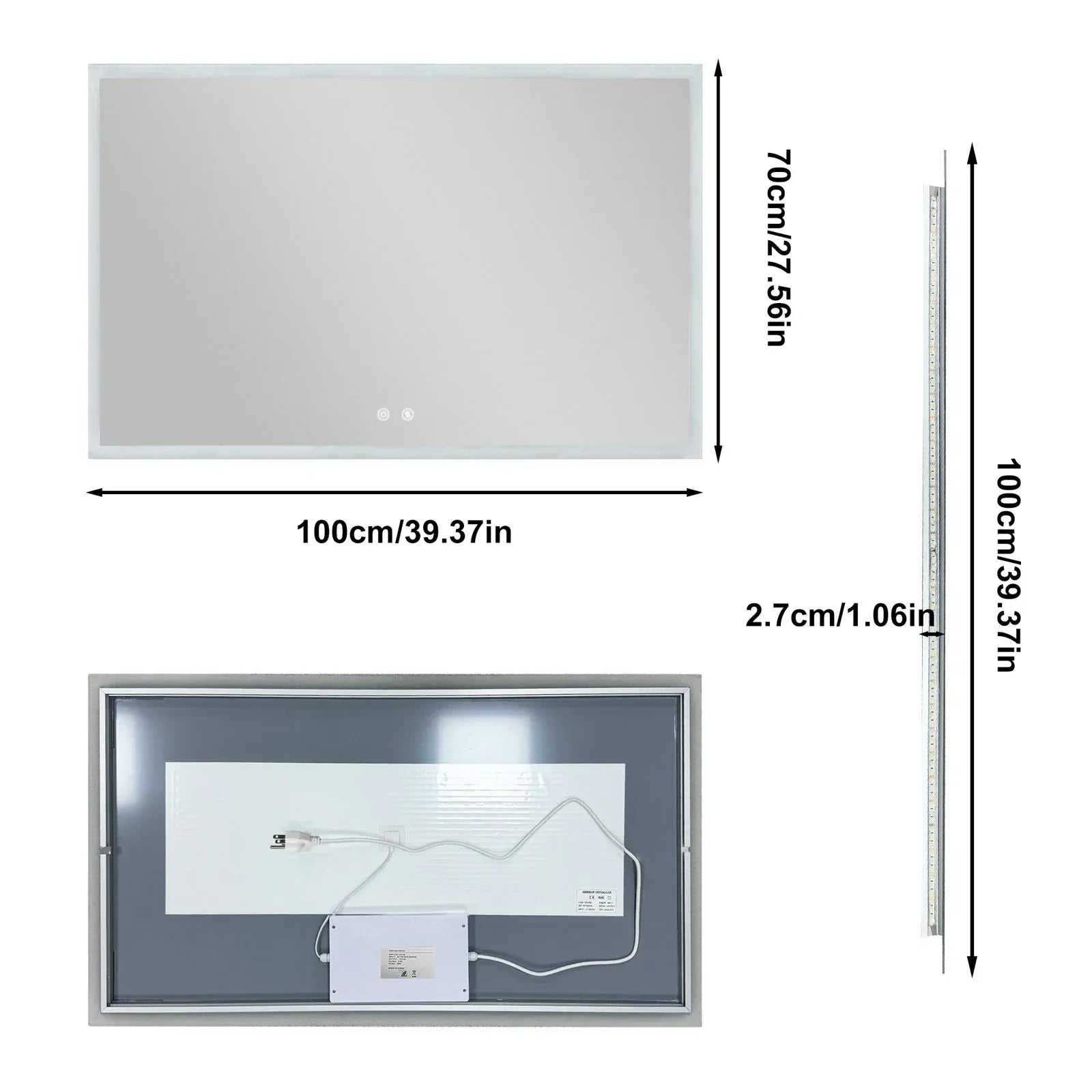 Smart LED Bathroom Mirror Anti-Fog Wall Mounted Vanity Mirror with 3 Color Dimmable Lights Touch Sensor 100x70cm