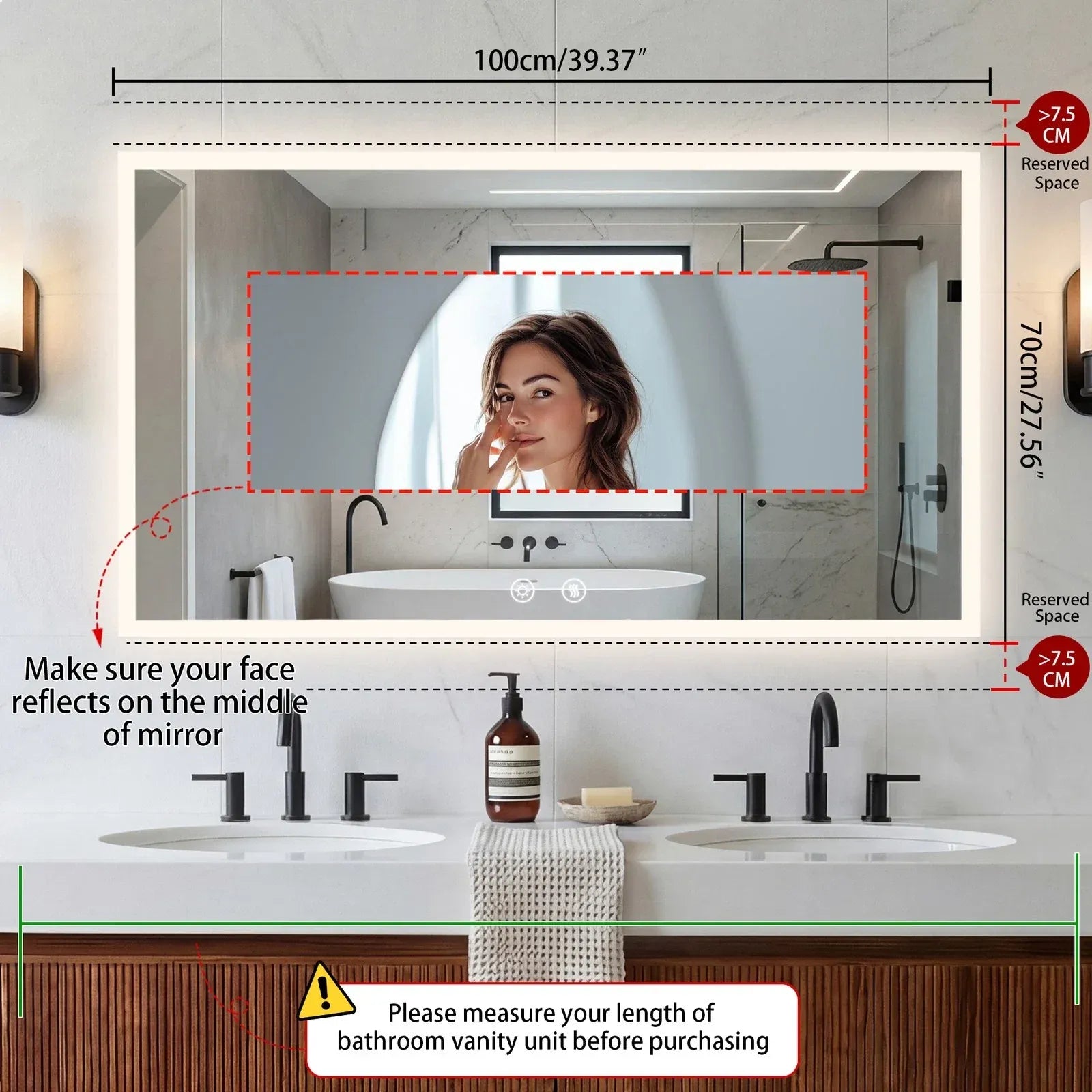 Smart LED Bathroom Mirror Anti-Fog Wall Mounted Vanity Mirror with 3 Color Dimmable Lights Touch Sensor 100x70cm