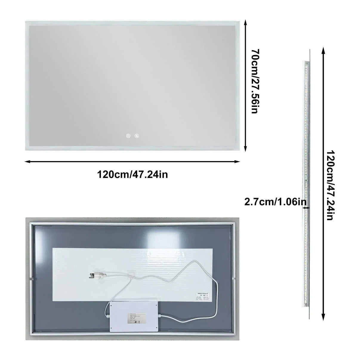Smart LED Bathroom Mirror Anti-Fog Wall Mounted Vanity Mirror with 3 Color Dimmable Lights Touch Sensor 120x70cm