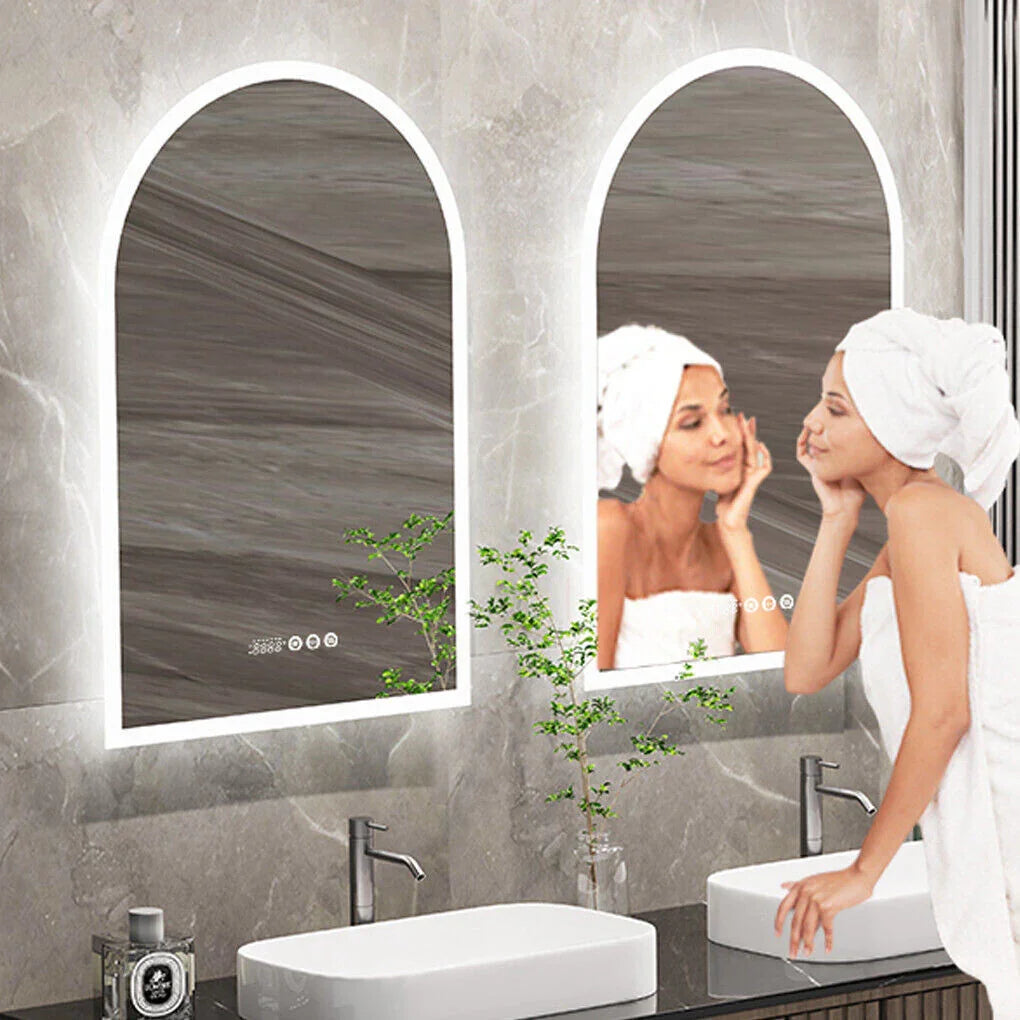 Arch Dimmable Led Bathroom Vanity Mirror w Antifog Temperature Date Time Display