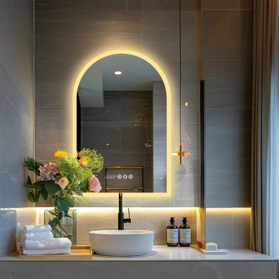 Arch Dimmable Led Bathroom Vanity Mirror w Antifog Temperature Date Time Display