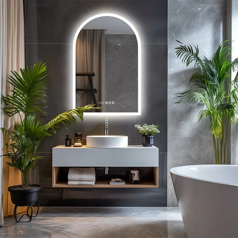 Arch Dimmable Led Bathroom Vanity Mirror w Antifog Temperature Date Time Display