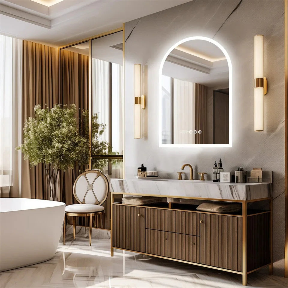 Arch Dimmable Led Bathroom Vanity Mirror w Antifog Temperature Date Time Display