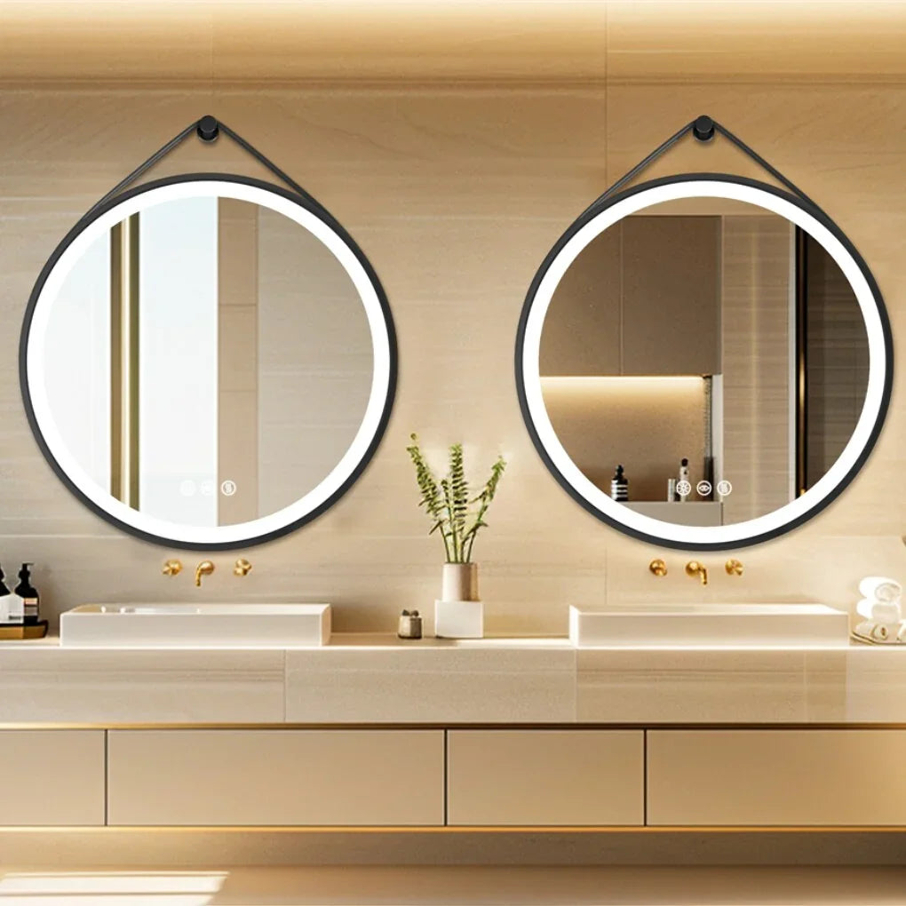 Round 700mm LED Bathroom Mirror with Leather Strap - Anti-Fog Dimmable Backlit Vanity Mirror - Wall Hanging Lighted Mirror