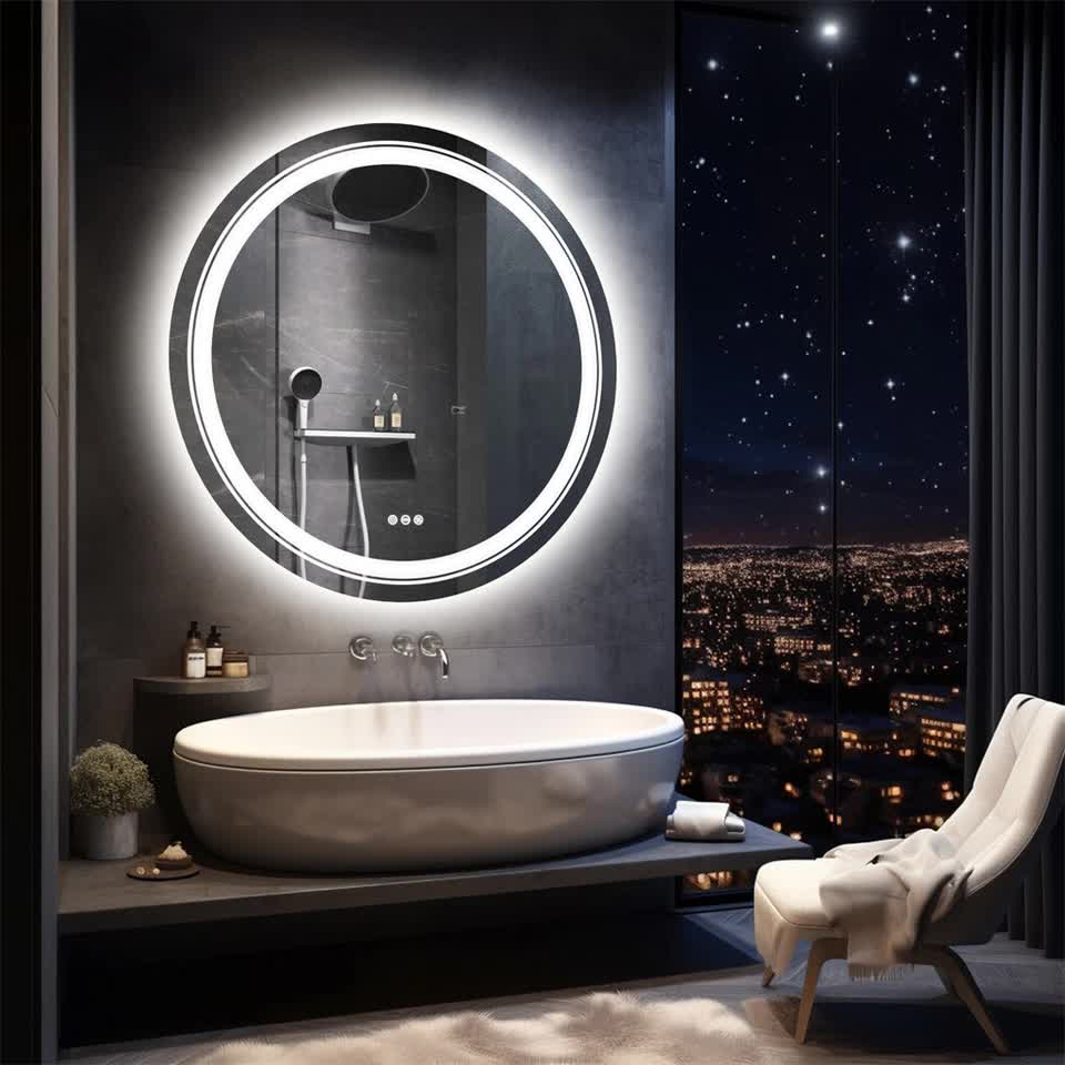 Silver Mirror With White Frame Round LED Bathroom Mirror