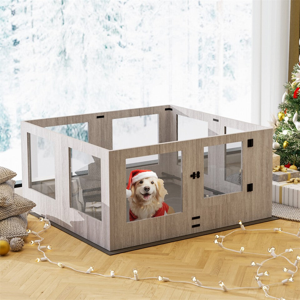 Fin 8 Panel Safest Tempered Glass Dog Whelping Pen Box Shatter-Proof Playpen Exercise Box