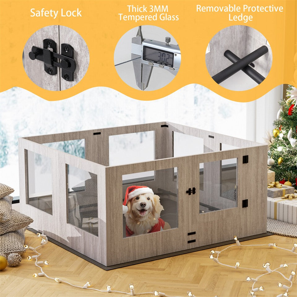 Fin 8 Panel Safest Tempered Glass Dog Whelping Pen Box Shatter-Proof Playpen Exercise Box