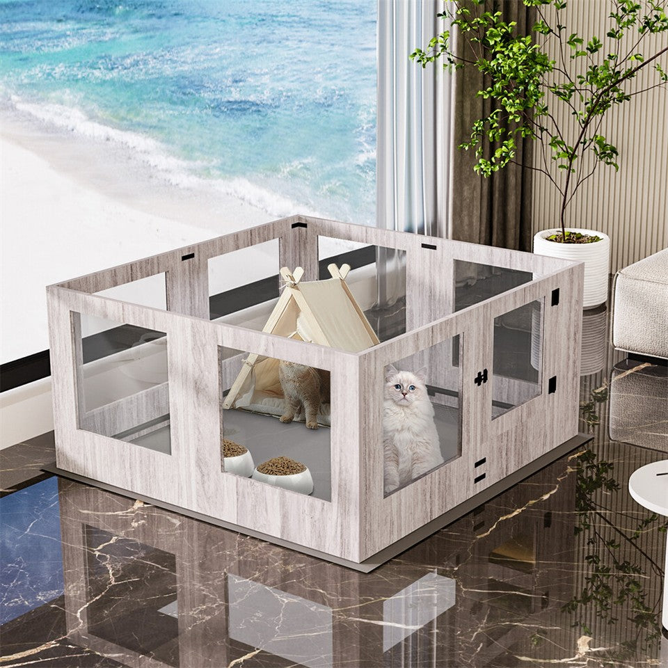 Fin 8 Panel Safest Tempered Glass Dog Whelping Pen Box Shatter-Proof Playpen Exercise Box