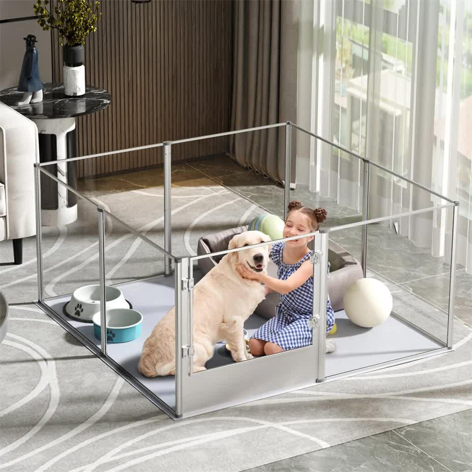 81cm Highest Acrylic Dog Whelping Pen Box Safe Aluminum Frame Pet Playpen w/ Mat