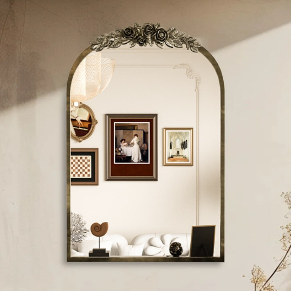 Antique Baroque Arched Wall Mirror Rose Edge Decorative Mirror Fireplace Entryway