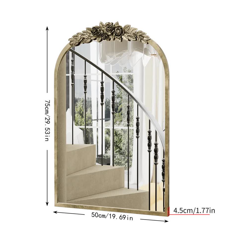 Antique Baroque Arched Wall Mirror Rose Edge Decorative Mirror Fireplace Entryway