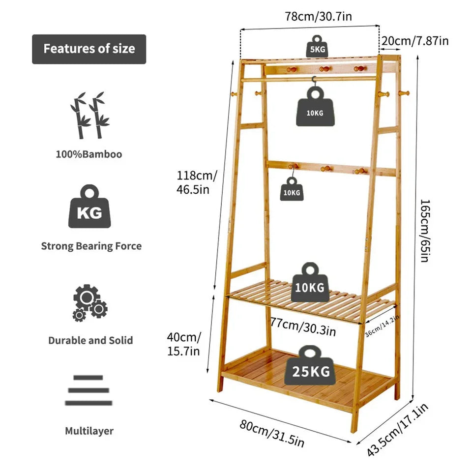 Bamboo Clothes Hanging Garment Rack Portable Laundry Rack Closet Storage Shelves
