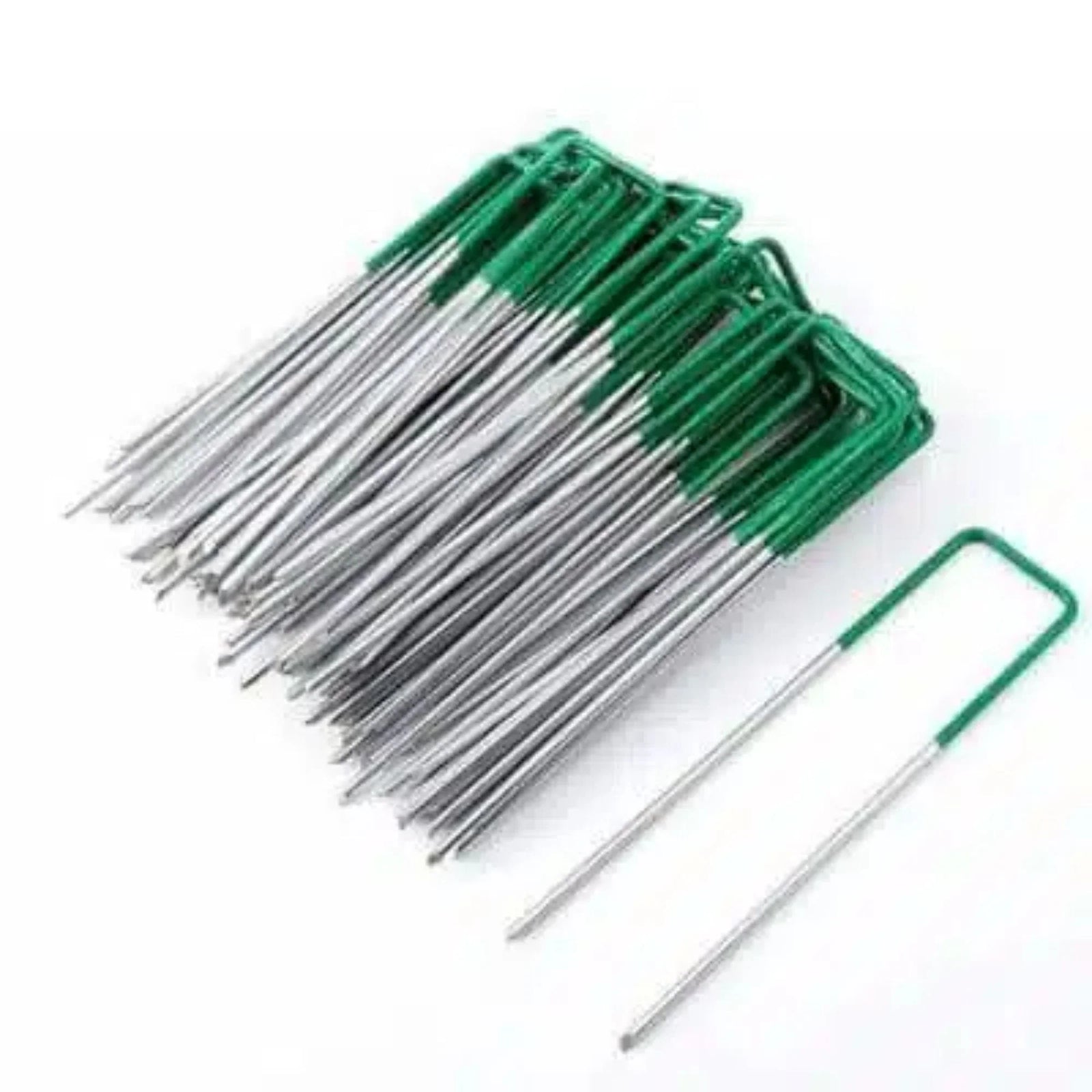 Artificial Grass Pegs 100‑Pack – 15cm U‑Shape Galvanised Steel, Green Top