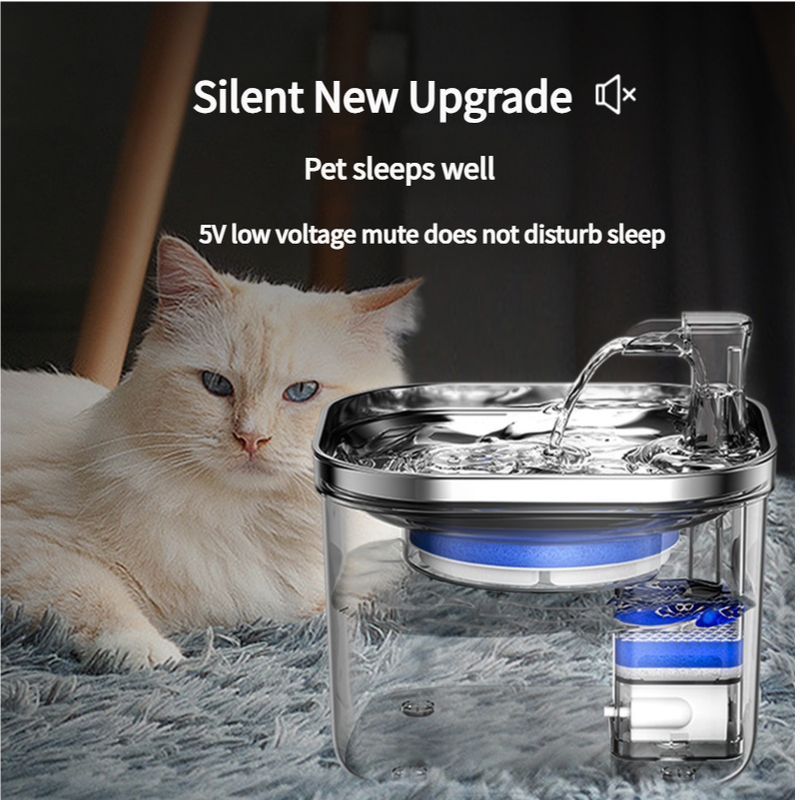 Wired Intelligent Pet Water Fountain with Quiet Sensor and Filter Set  USB Plug Included