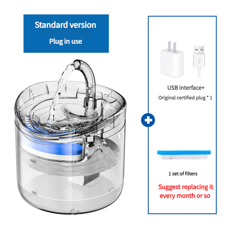 Standard Version Pet Water Fountain with USB Interface and Certified Plug  Transparent Design