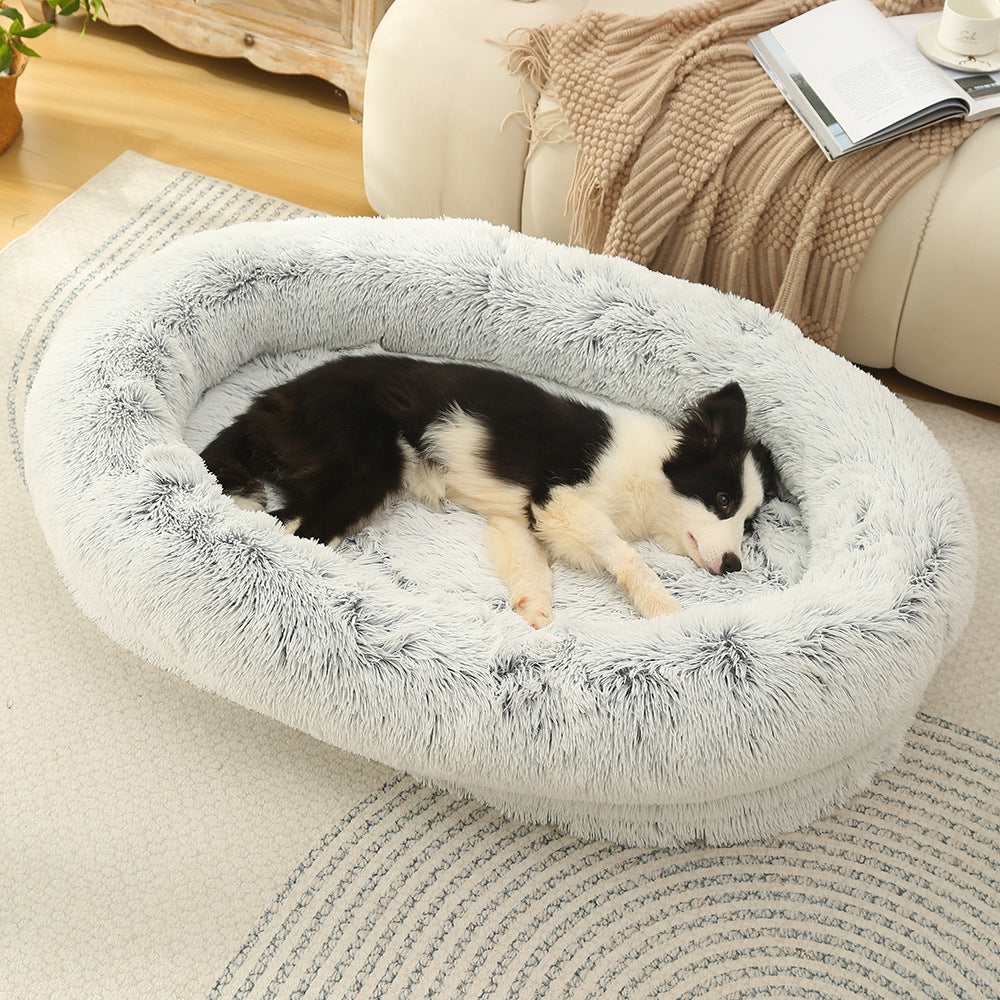 Fluffy Donut-Shaped Pet Bed- Soft, Cozy, and Anti-Anxiety for Dogs and Cats, Machine Washable  Gradient Gray  Size:M 75*55*18cm