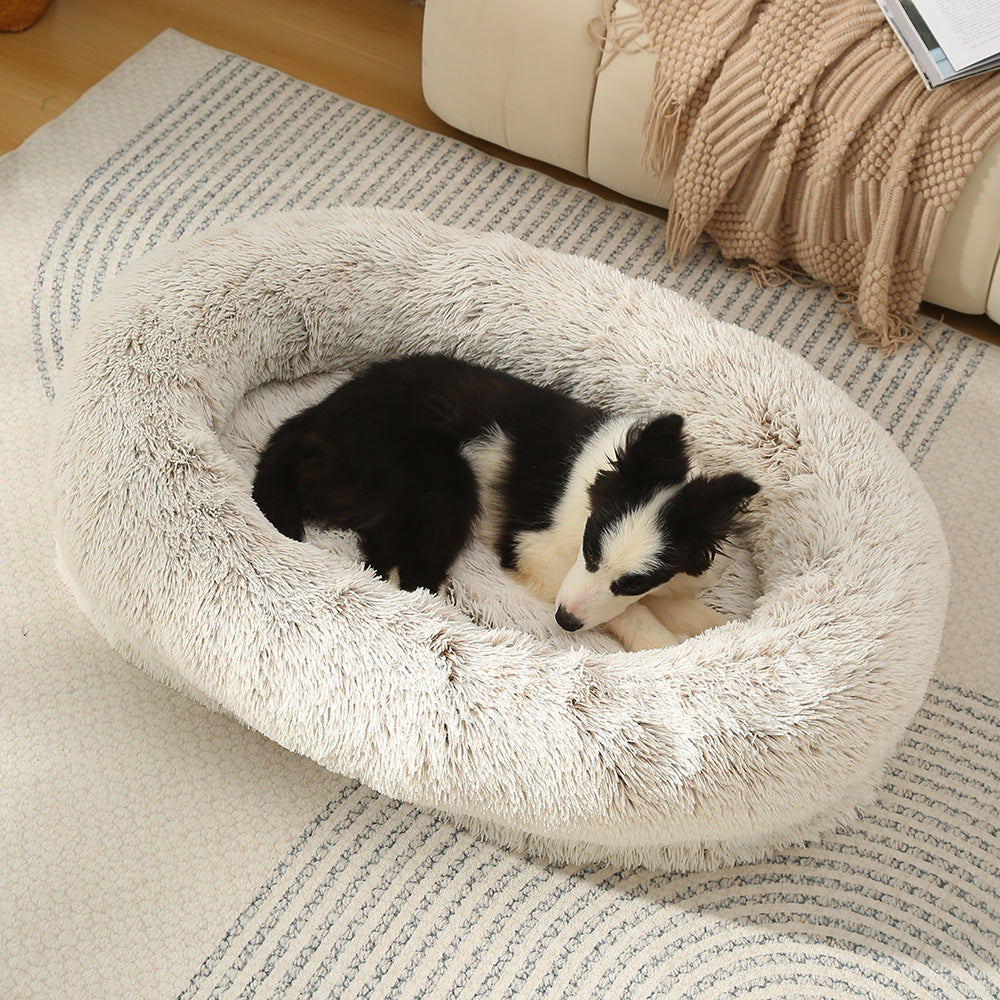 Fluffy Donut-Shaped Pet Bed- Soft, Cozy, and Anti-Anxiety for Dogs and Cats, Machine Washable  Gradient Coffee  Size:S 60*50*18cm