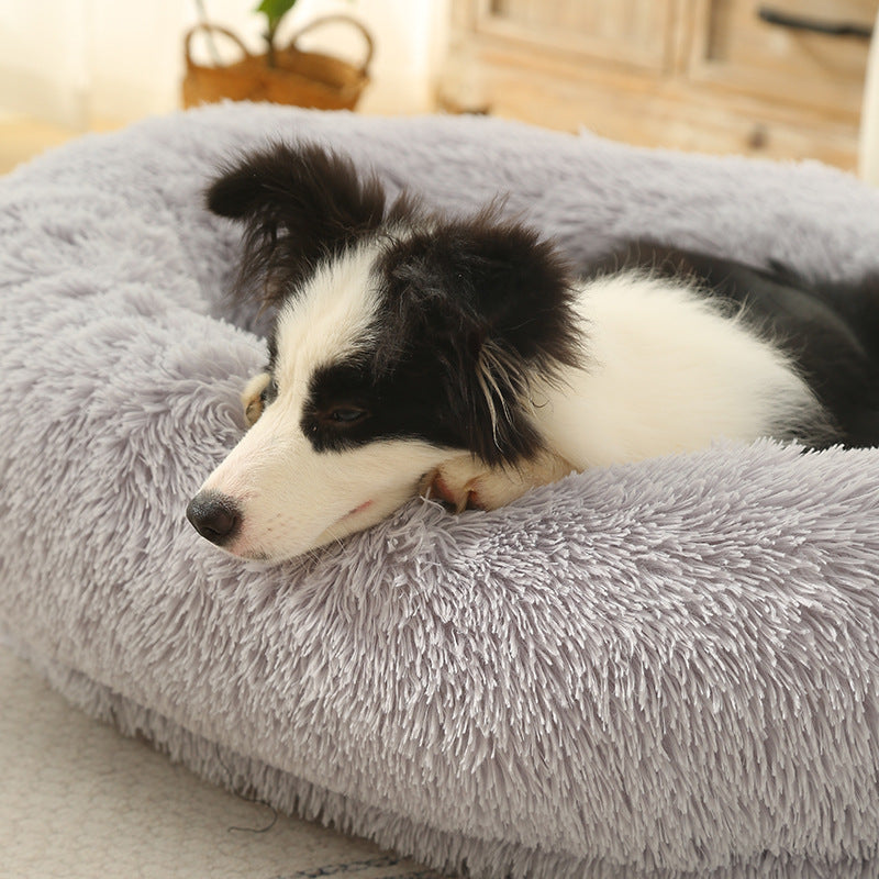 Fluffy Donut-Shaped Pet Bed- Soft, Cozy, and Anti-Anxiety for Dogs and Cats, Machine Washable  Light Gray  Size:S 60*50*18cm