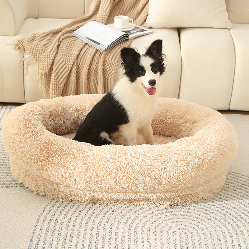 Fluffy Donut-Shaped Pet Bed- Soft, Cozy, and Anti-Anxiety for Dogs and Cats, Machine Washable  Light Brown Size:L 90*65*20cm