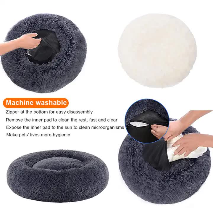 Calming Donut Pet Bed -Soft Faux Fur, Anti-Anxiety Fluffy Round Bed for Cats and Small Dogs (Apricot)40cm