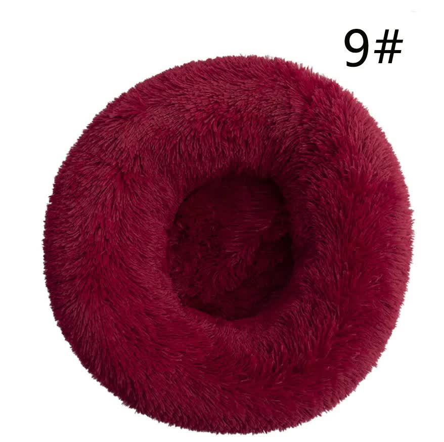 Calming Donut Pet Bed -Soft Faux Fur, Anti-Anxiety Fluffy Round Bed for Cats and Small Dogs Wine Red40cm