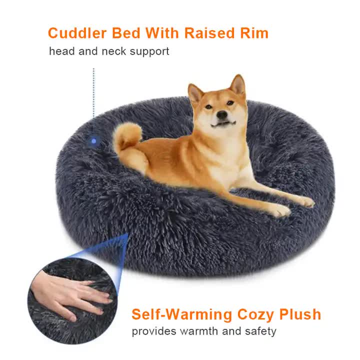 Calming Donut Pet Bed -Soft Faux Fur, Anti-Anxiety Fluffy Round Bed for Cats and Small Dogs Light Pink50cm