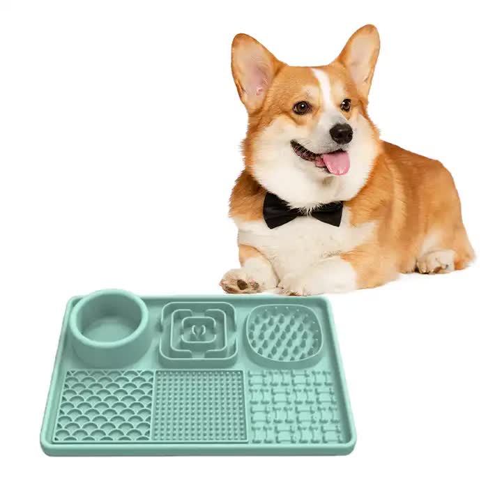 Multi-Functional Slow Feeder Mat for Dogs- Anti-Slip Lick Pad with Multiple Textures Rectangle 2PCS Blue & Green