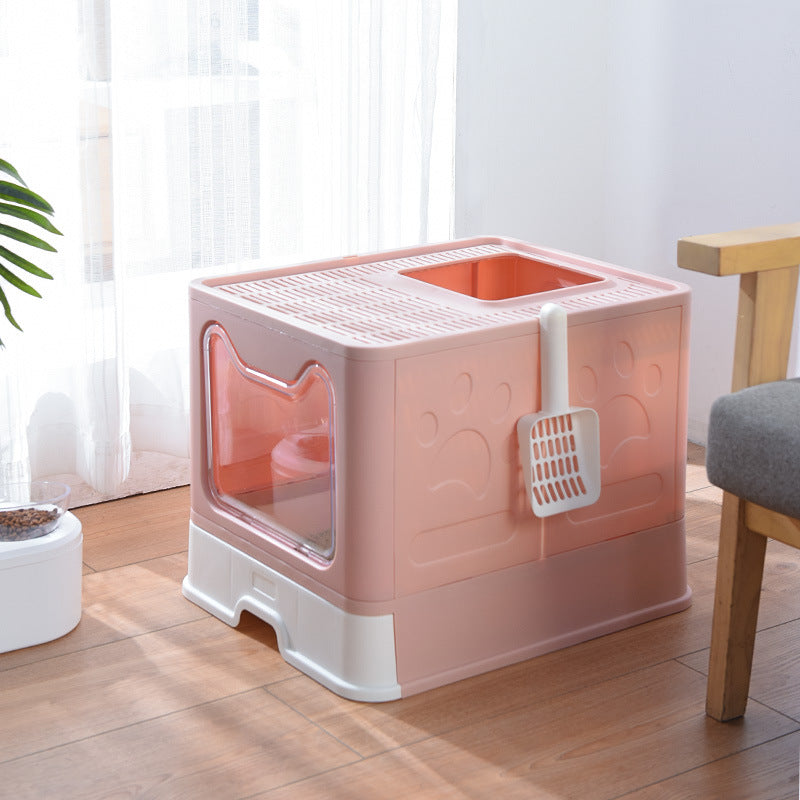Foldable Cat Litter Box with Pull-Out Tray -Easy Cleaning and Anti-Splash Design  Pink 51*41*38cm