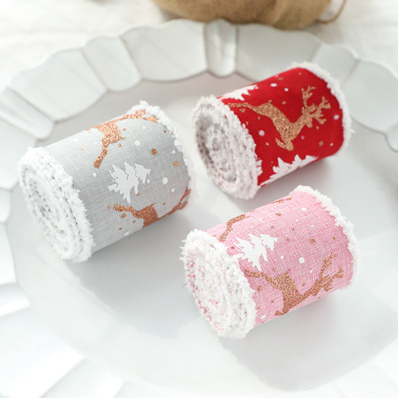 Christmas-Themed Decorative Wired Ribbon Burlap Reindeer and Tree Print Rolled Fabric Set ,Diameter 6.8 cm, length 2 cm two set, 6 pieces in total