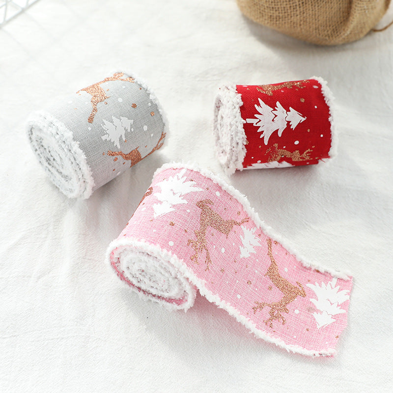 Christmas-Themed Decorative Wired Ribbon Burlap Reindeer and Tree Print Rolled Fabric Set ,Diameter 6.8 cm, length 2 cm two set, 6 pieces in total