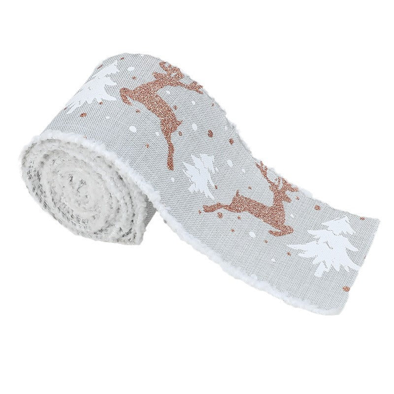 Christmas-Themed Decorative Wired Ribbon Burlap Reindeer and Tree Print Rolled Fabric Set ,Diameter 6.8 cm, length 2 cm two set, 6 pieces in total