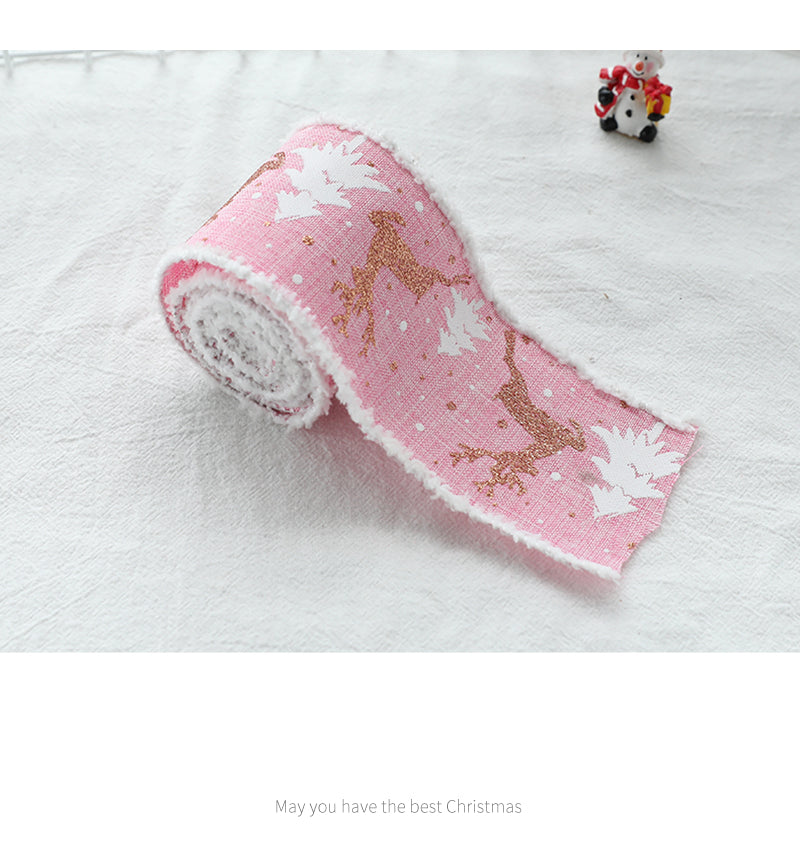Christmas-Themed Decorative Wired Ribbon Burlap Reindeer and Tree Print Rolled Fabric Set ,Diameter 6.8 cm, length 2 cm two set, 6 pieces in total