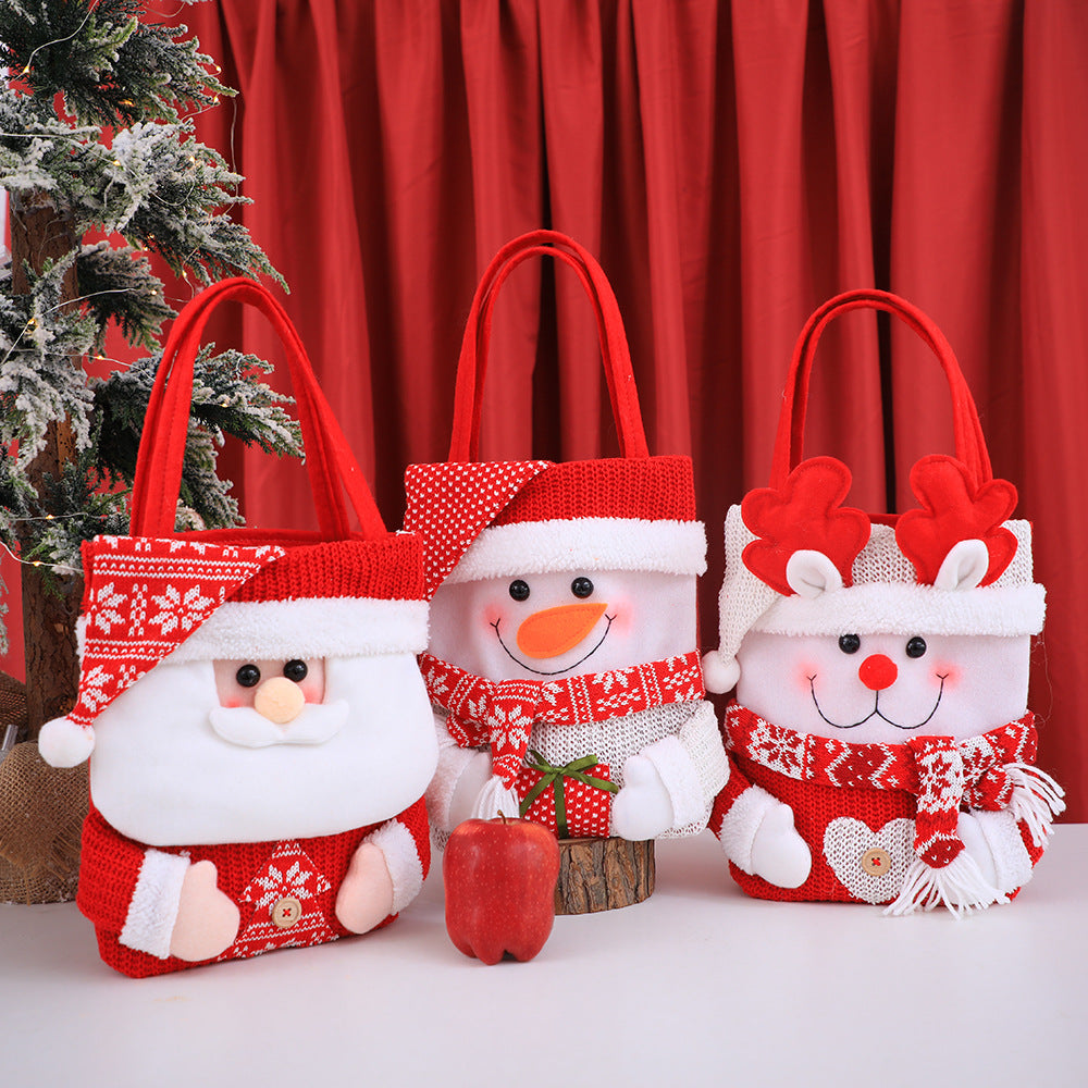 Set of 3 Christmas Fabric Gift Tote Bags  Santa, Snowman, and Reindeer Design