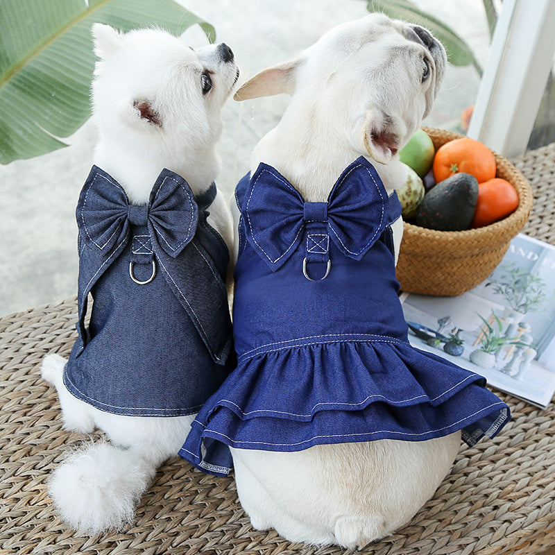 Pet Denim Harness Dress Set (2 Pieces) â€“ 3XL Size (70cm Chest for 20-36 lb Pets) with T-Shirt and Skirt, Bow, and Leash Ring