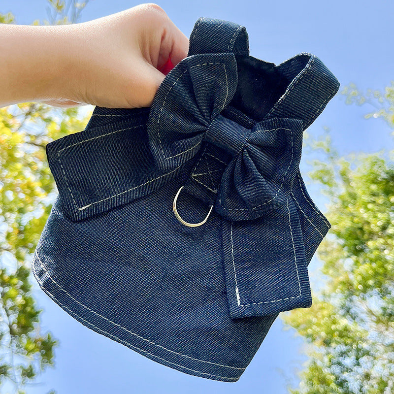 Pet Denim Harness Dress Set (2 Pieces) â€“ 3XL Size (70cm Chest for 20-36 lb Pets) with T-Shirt and Skirt, Bow, and Leash Ring