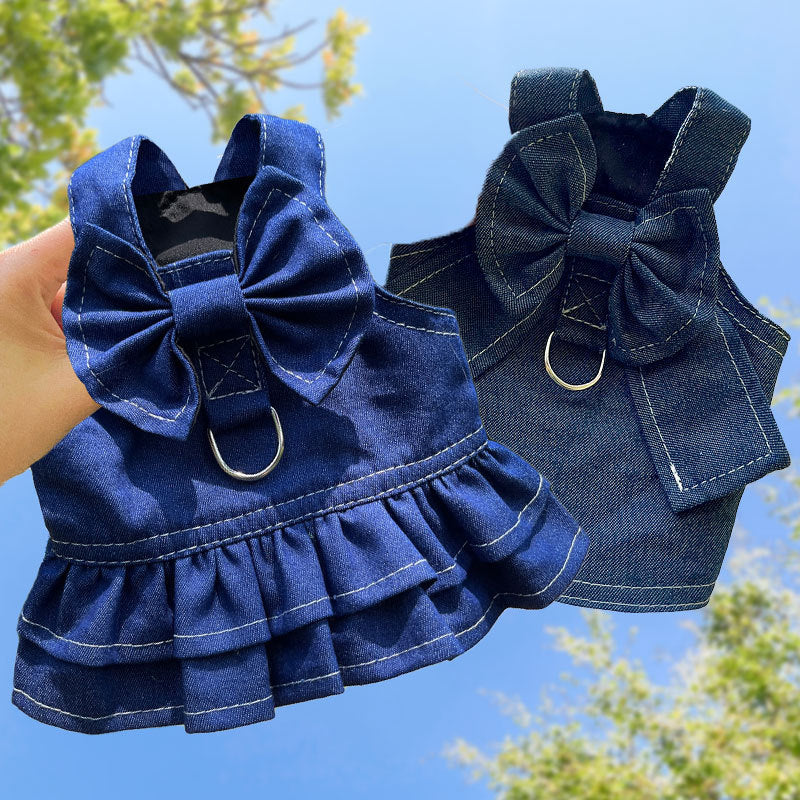 Pet Denim Harness Dress Set (2 Pieces) - 2XL Size (60cm Chest for 14-20 lb Pets) with T-Shirt and Skirt, Bow,and Leash Ring