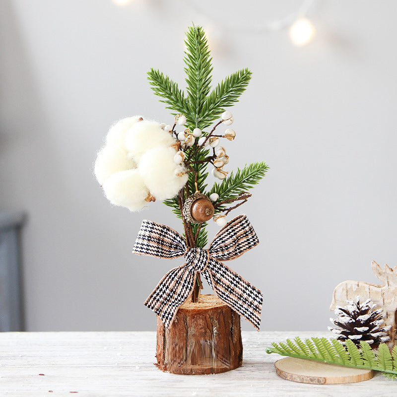 Mini Rustic Christmas Tree Decoration  9.84 Inches Tall with Cotton and Plaid Bow Accents 4 trees