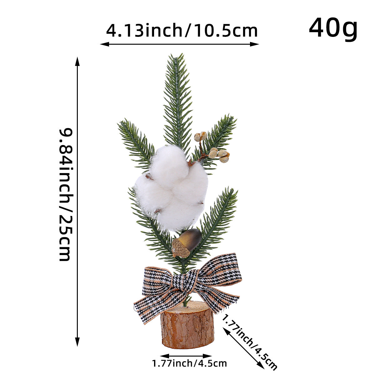 Mini Rustic Christmas Tree Decoration  9.84 Inches Tall with Cotton and Plaid Bow Accents 4 trees