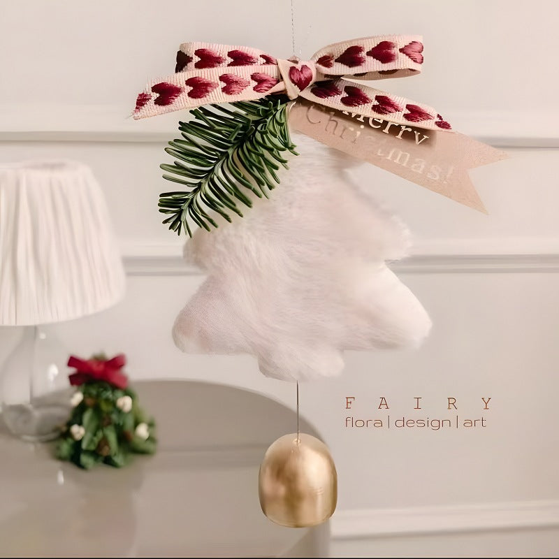 White Velvet Christmas Tree Ornament with Golden Bell and Ribbon - Elegant Holiday Decor 5 pieces