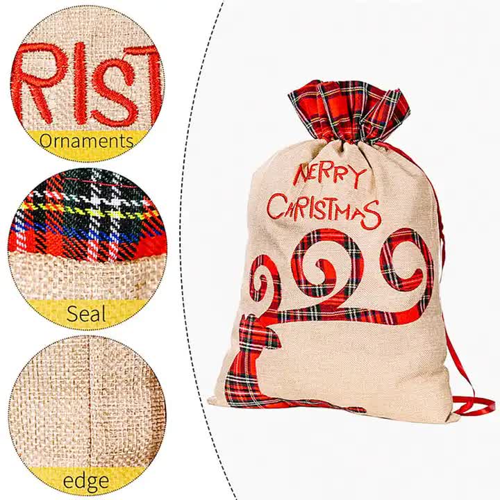 Large Merry Christmas Drawstring Gift Bag with Plaid Accents - Perfect for Holiday Presents 3 pieces