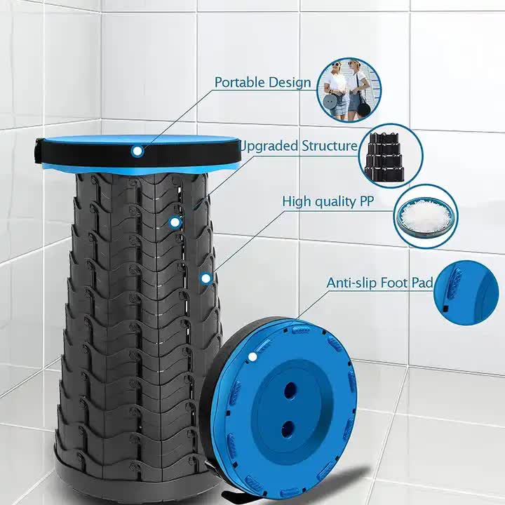 Portable Collapsible Telescopic Stool - Foldable, Lightweight, Adjustable, and Compact Camping Chair Blue-Black