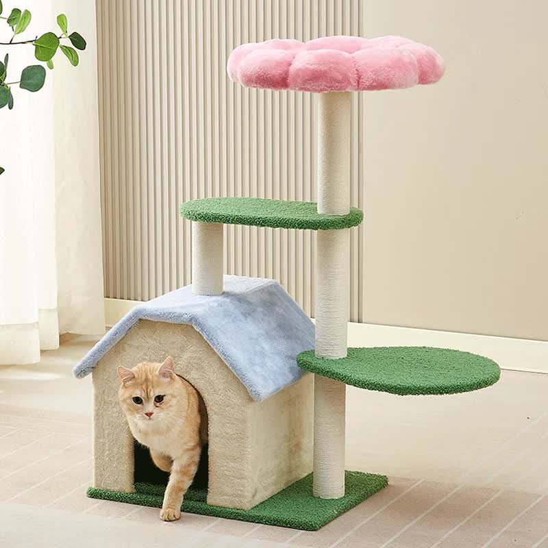 Floral Cat Tree with Cozy Hideaway and Scratching Posts 55x38x92 cm
